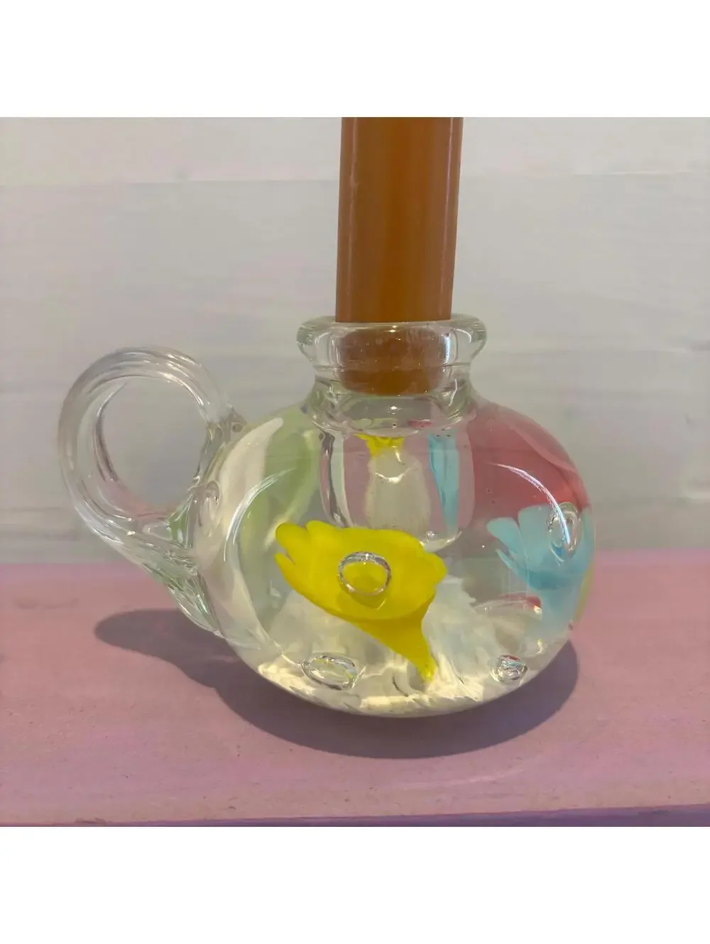 Joe St Clair Flower Art Glass Candleholder Paperweight
